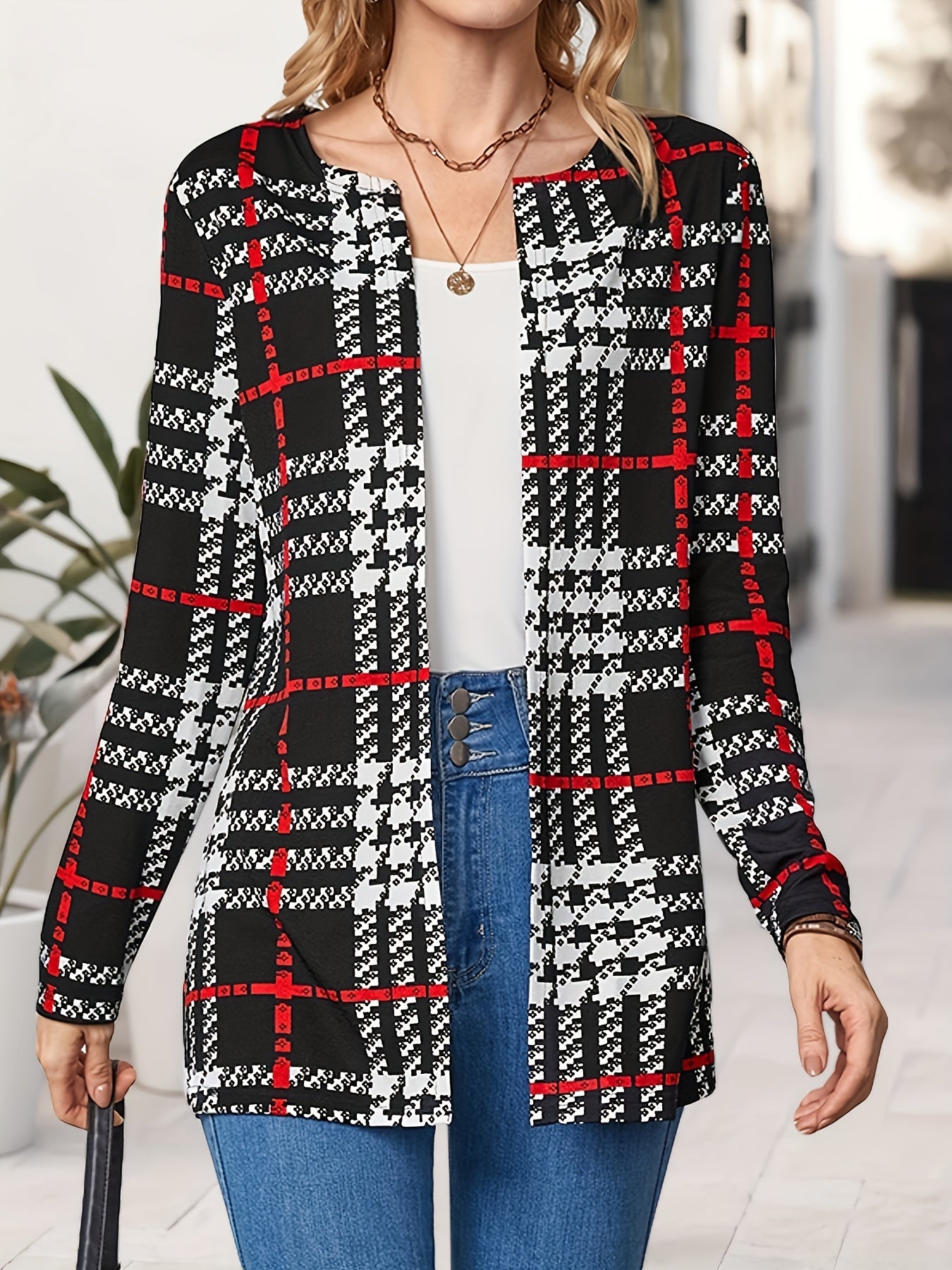 Plaid Open Front Jacket Long Sleeve for Fall