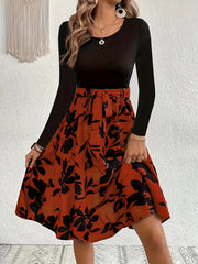 Colorblock Floral Print Long Sleeve Maxi Dress With Belt