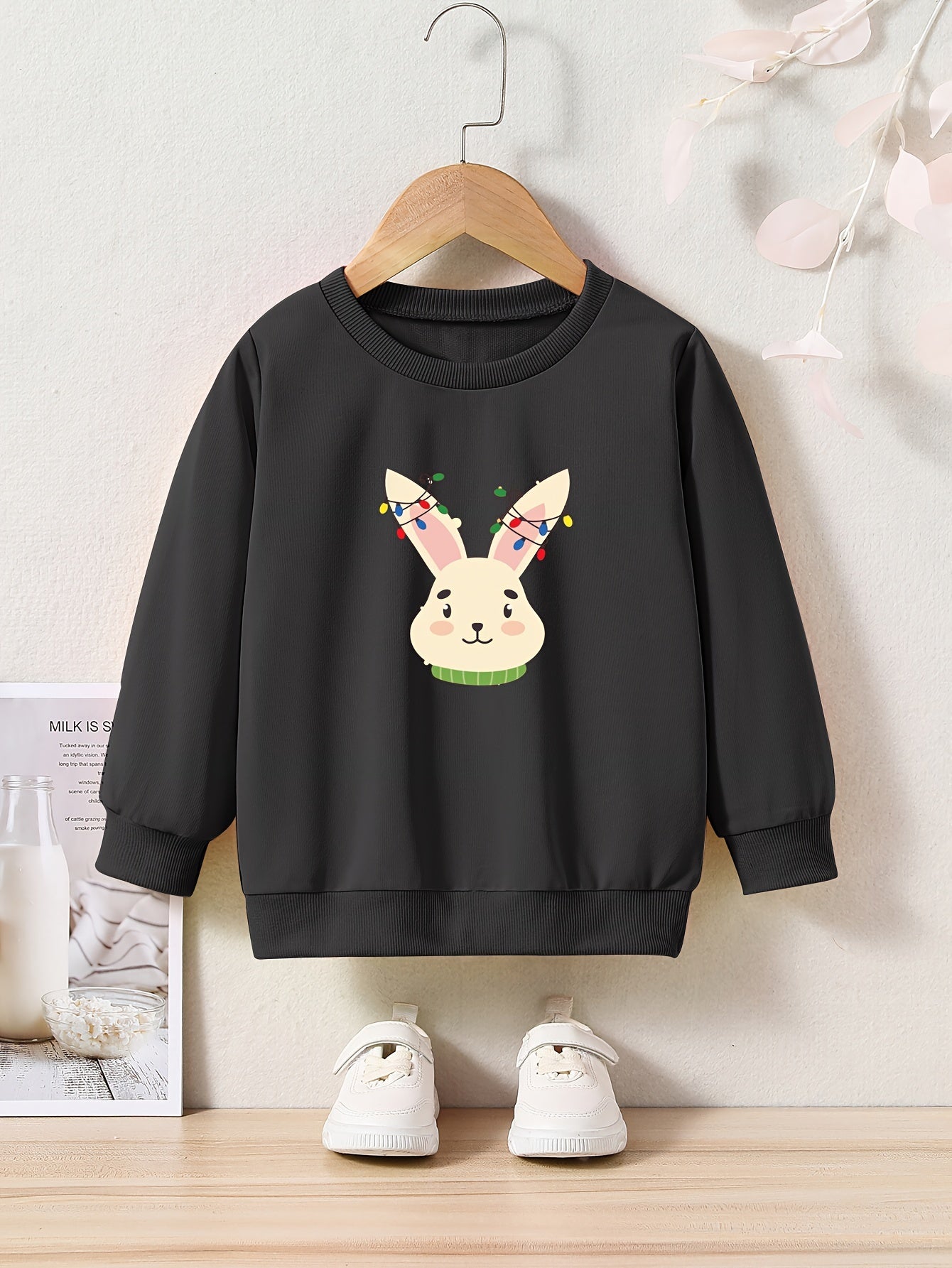 Christmas Light Bunny Graphic Crew Neck Long Sleeve Sweatshirt Kids