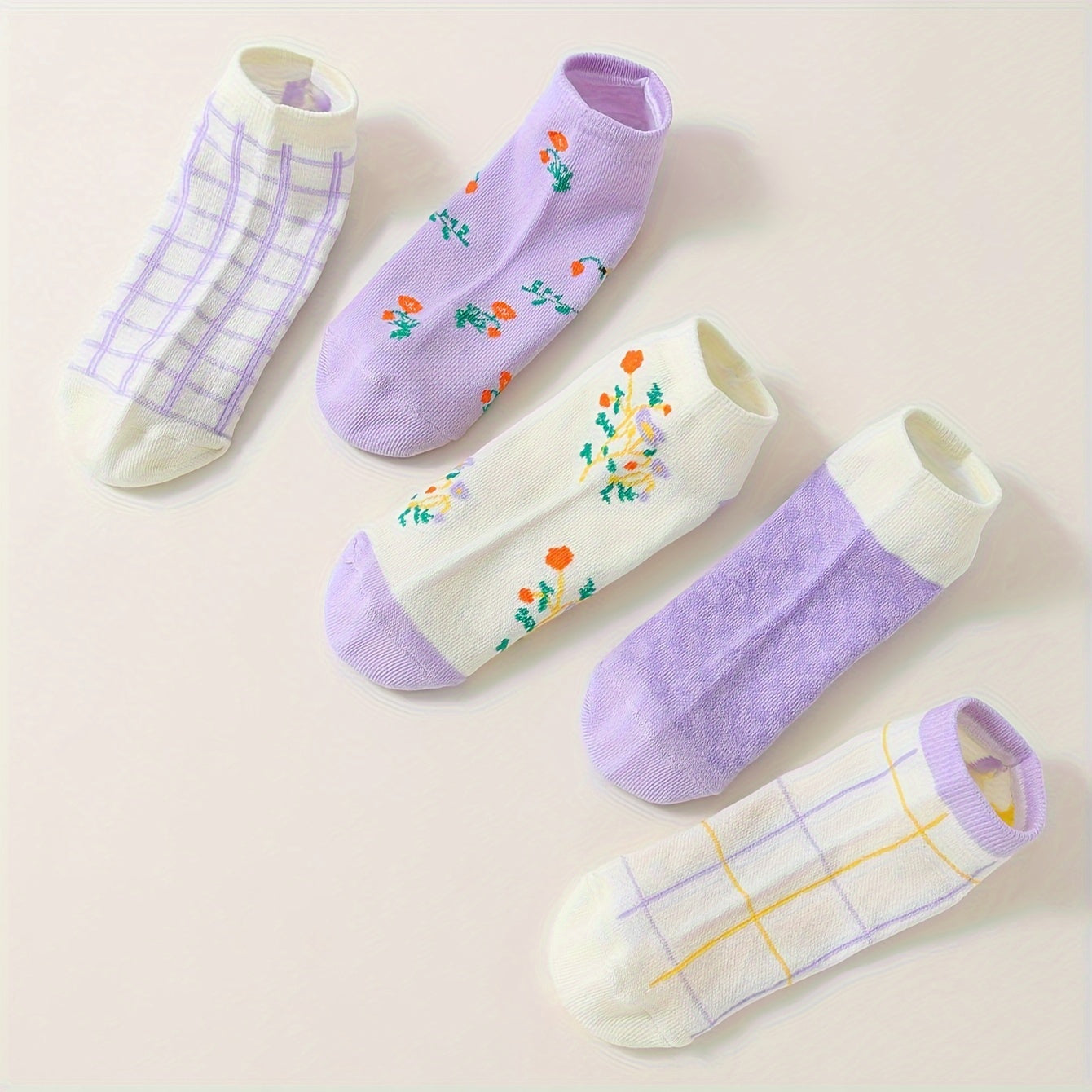 5 Pairs Floral & Plaid Print Socks & Lightweight Ankle Socks Women's Stockings