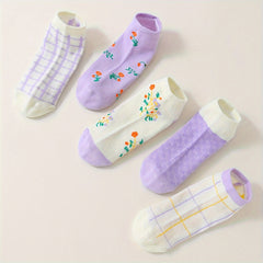5 Pairs Floral & Plaid Print Socks & Lightweight Ankle Socks Women's Stockings