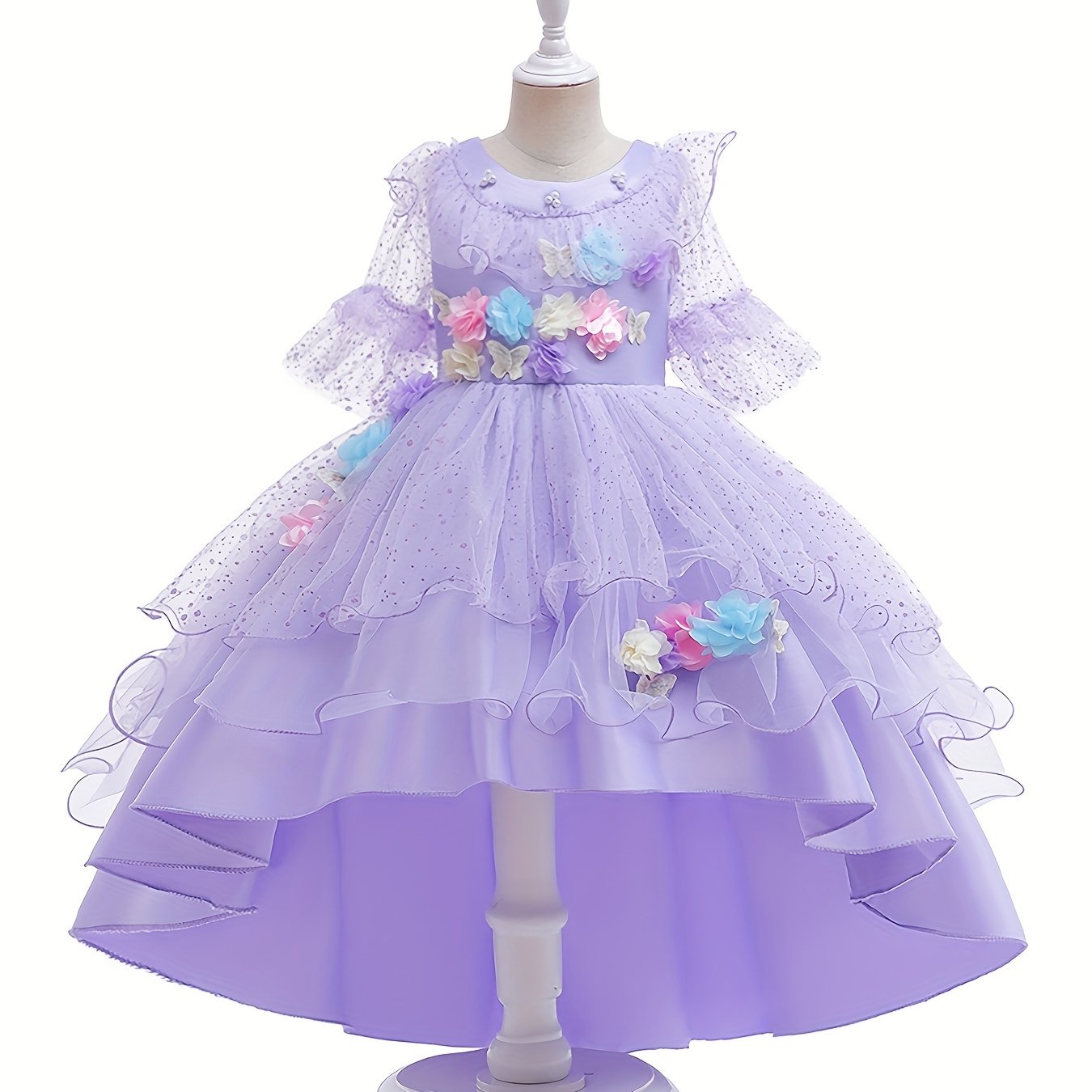 Girls Princess Lace Sleeve Dress Tulle Flowers Embroidery Halloween Costume