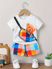 Baby Boy's Bear Print T Shirt & Plaid Shorts Set