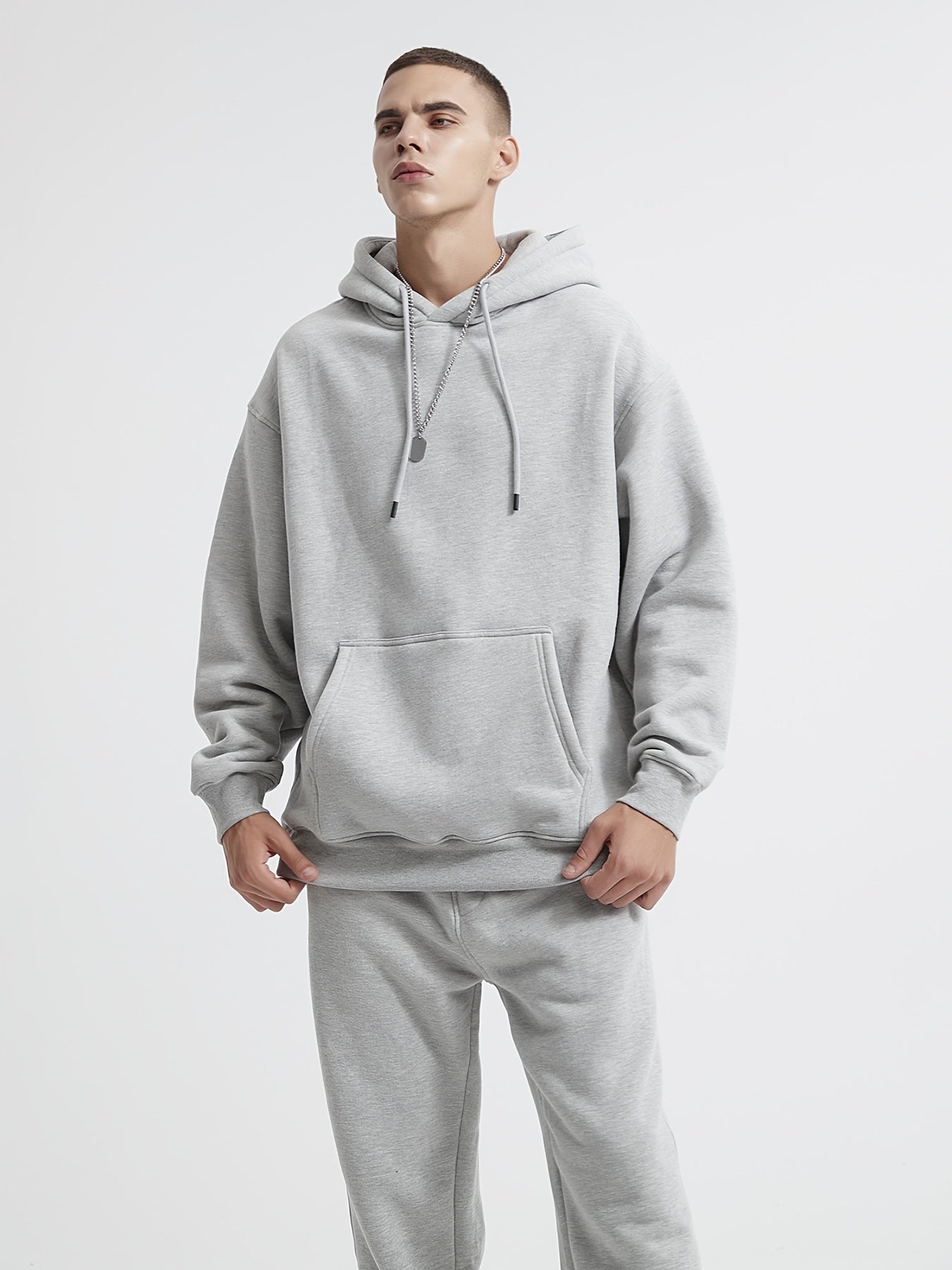 Men's Light Grey Hoodie Casual Polyester & Cotton Hooded Sweatshirt Tops