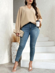 Solid Ribbed Bell Sleeve Blouse Mock Neck Top
