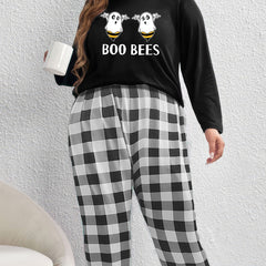 Cartoon Ghost Bee Print Tee & Plaid Pants Pajama Set