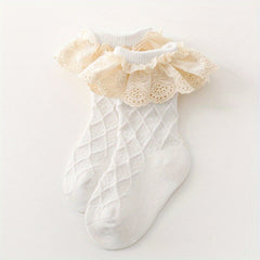 Girls Sweet Knit Crew Socks Lace Brim Decoration Autumn Spring