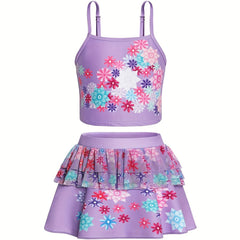 Girls 2-Piece Swimsuit Cartoon Flowers Top & Tutu Skirt Swimwear Set