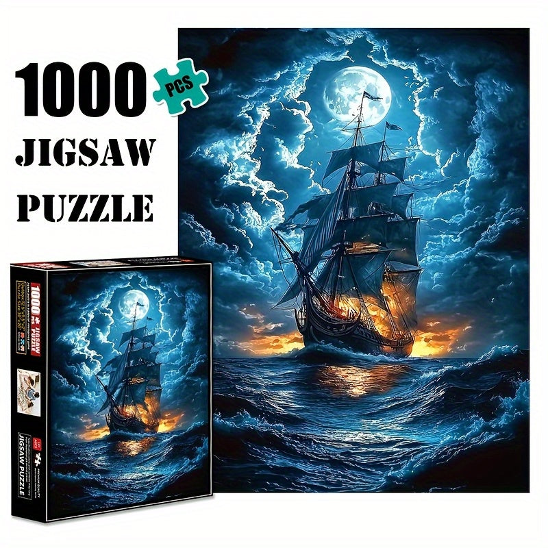 Moonlight Sailboat Jigsaw Puzzle Night Sailing with Glowing Moon