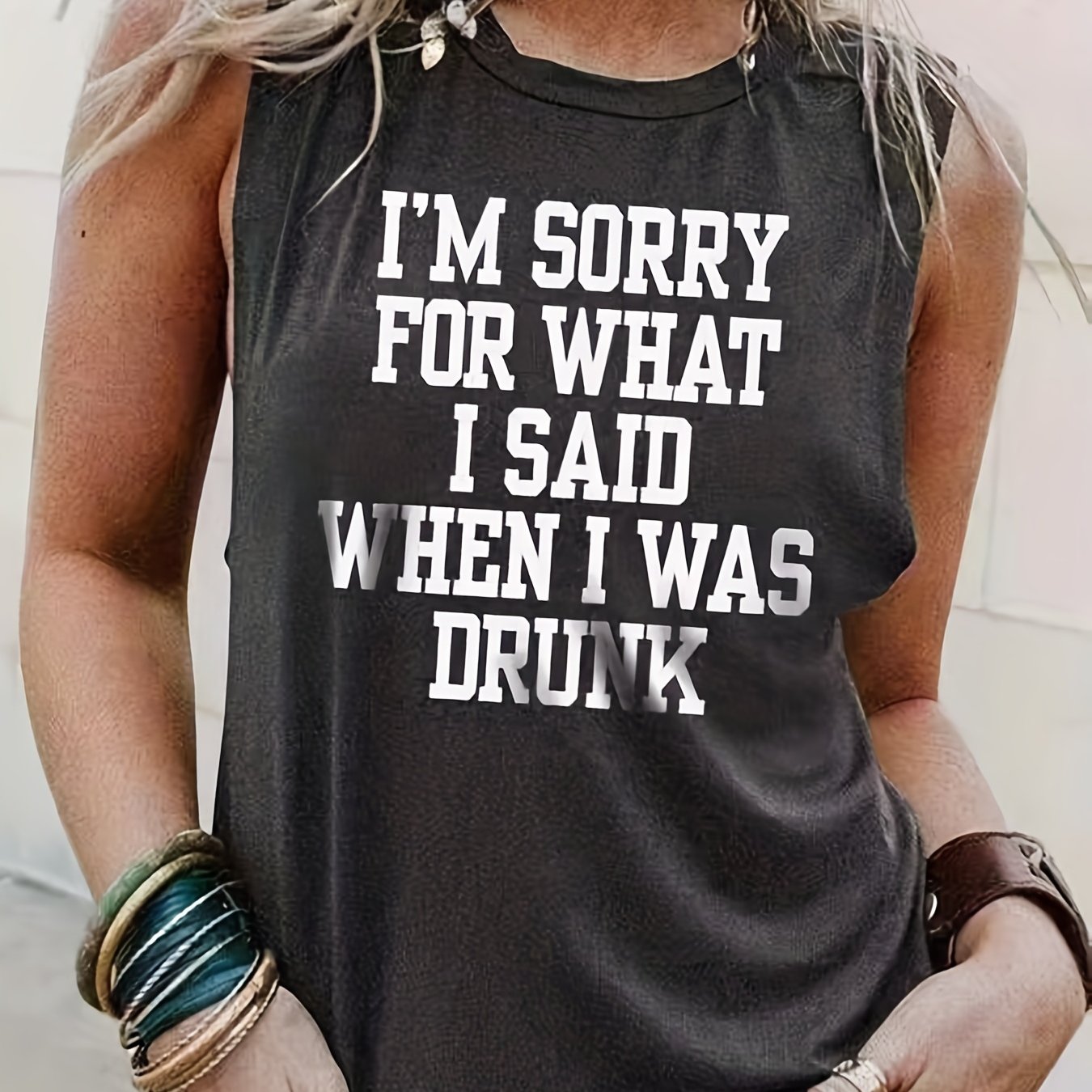 Funny Letter Print Tank Top Casual Crew Neck Summer Sleeveless Top