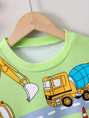 Cartoon Excavator Car Print Boys Pullover Sweatshirt