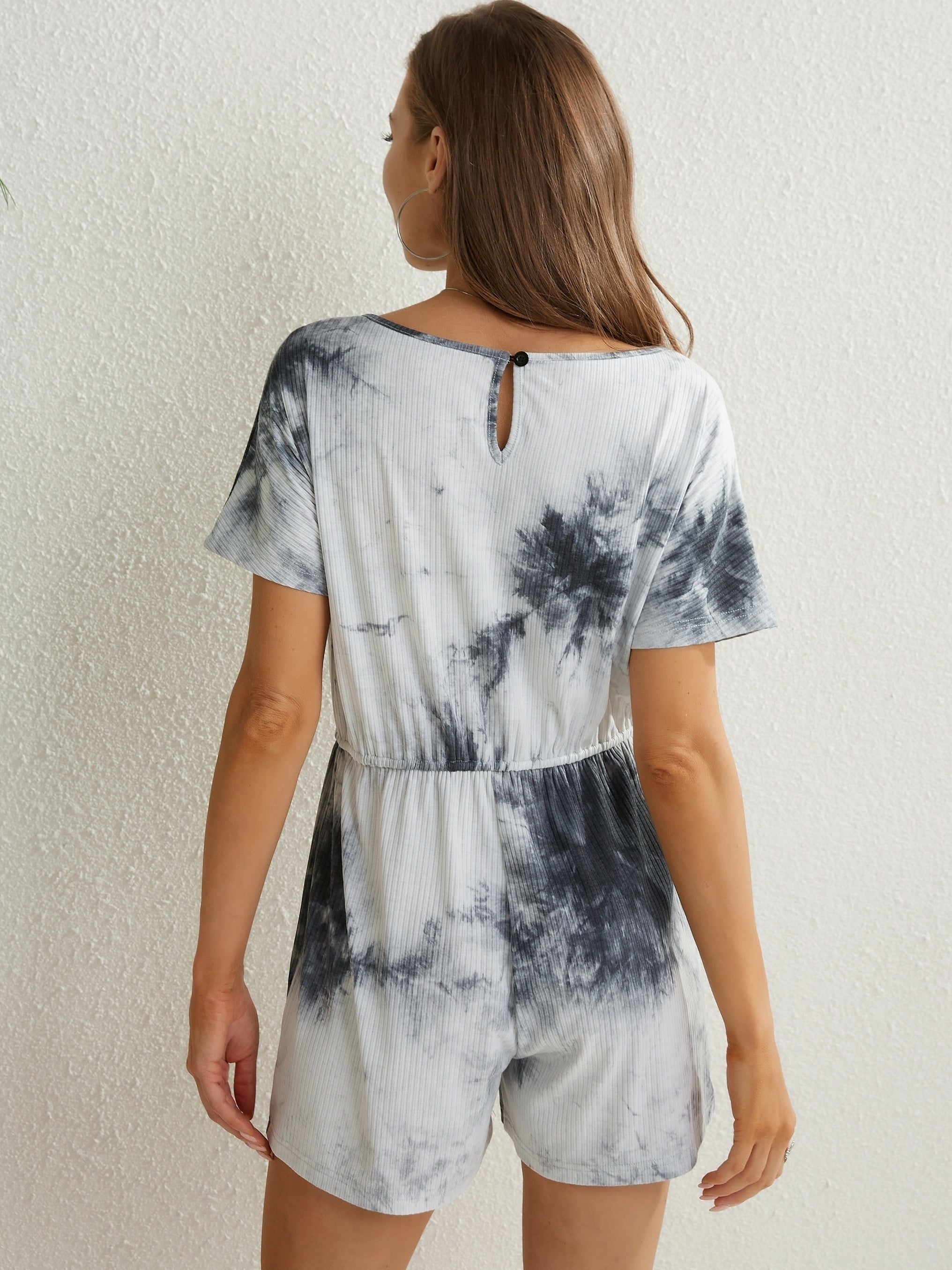 Tie Dye Drawstring Romper Jumpsuit Short Sleeve Casual Women's Clothing