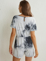 Tie Dye Drawstring Romper Jumpsuit Short Sleeve Casual Women's Clothing
