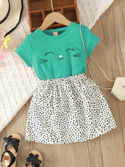 Toddler Girl's Kitty Print Tee & Dots Skirt Set