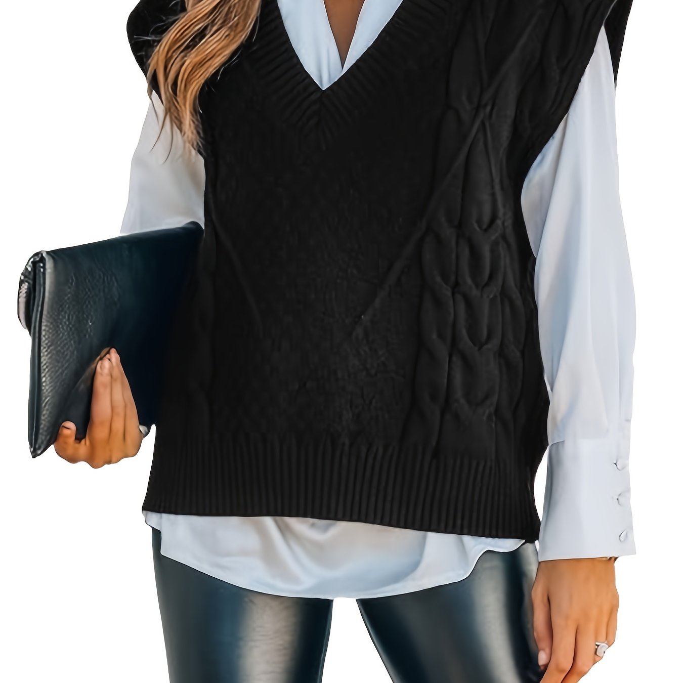 Casual Sweater Vest Women's Plus Knitted V Neck Medium Stretch