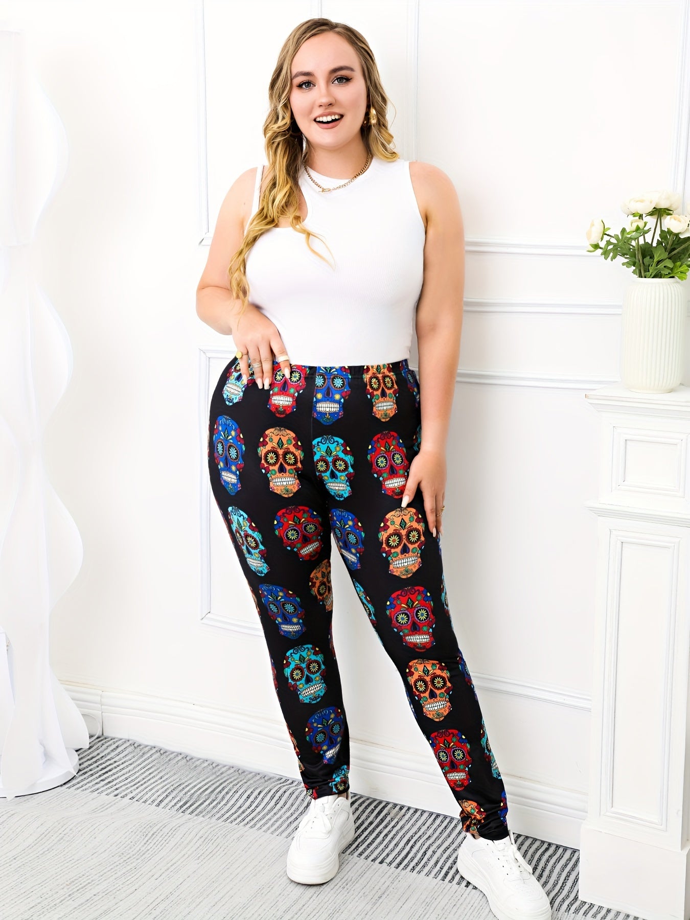Floral Skull Print Leggings Stretch Skinny Yoga Pants