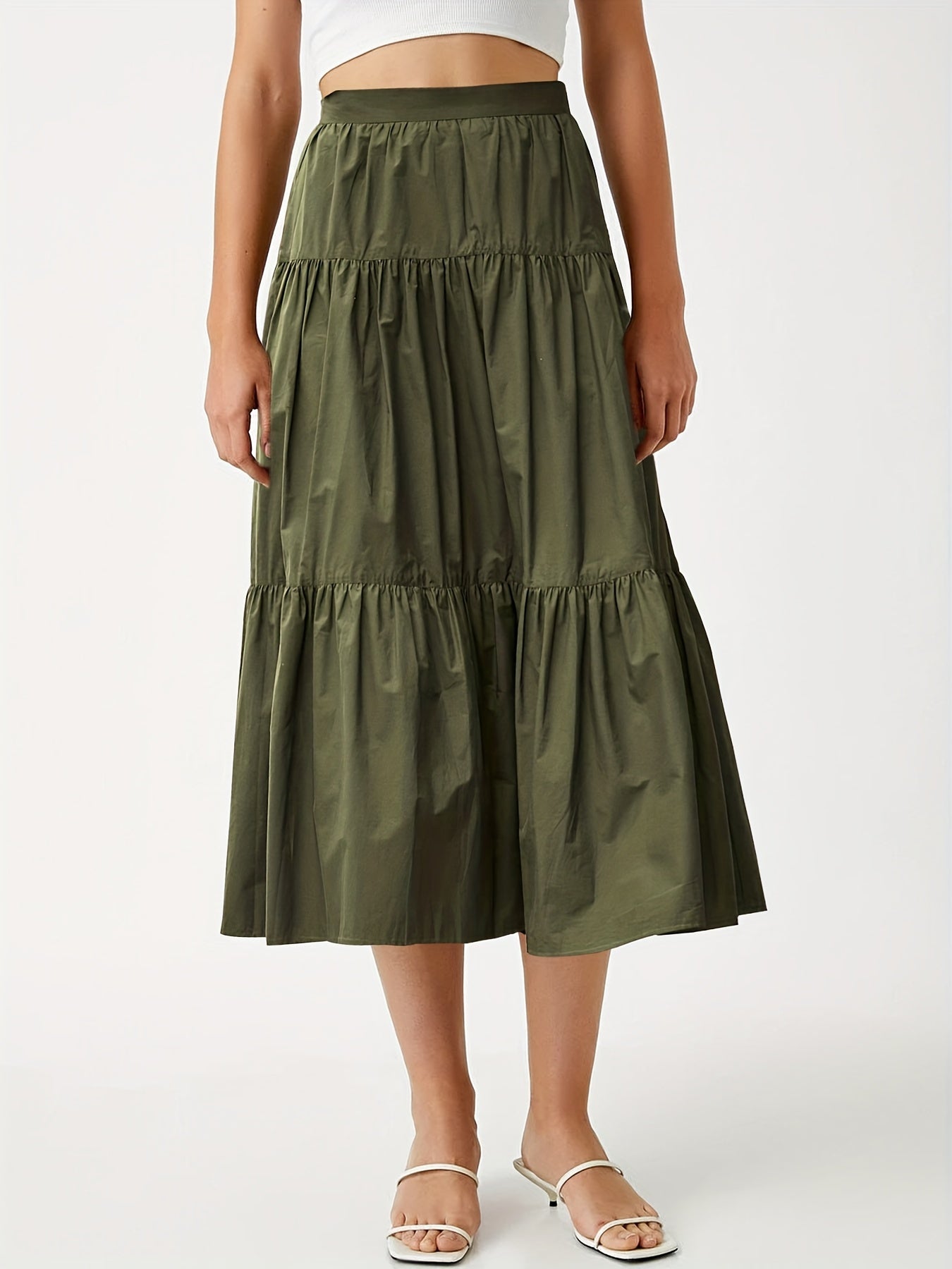 Solid Elastic Waist Pleated Smock A line Skirt