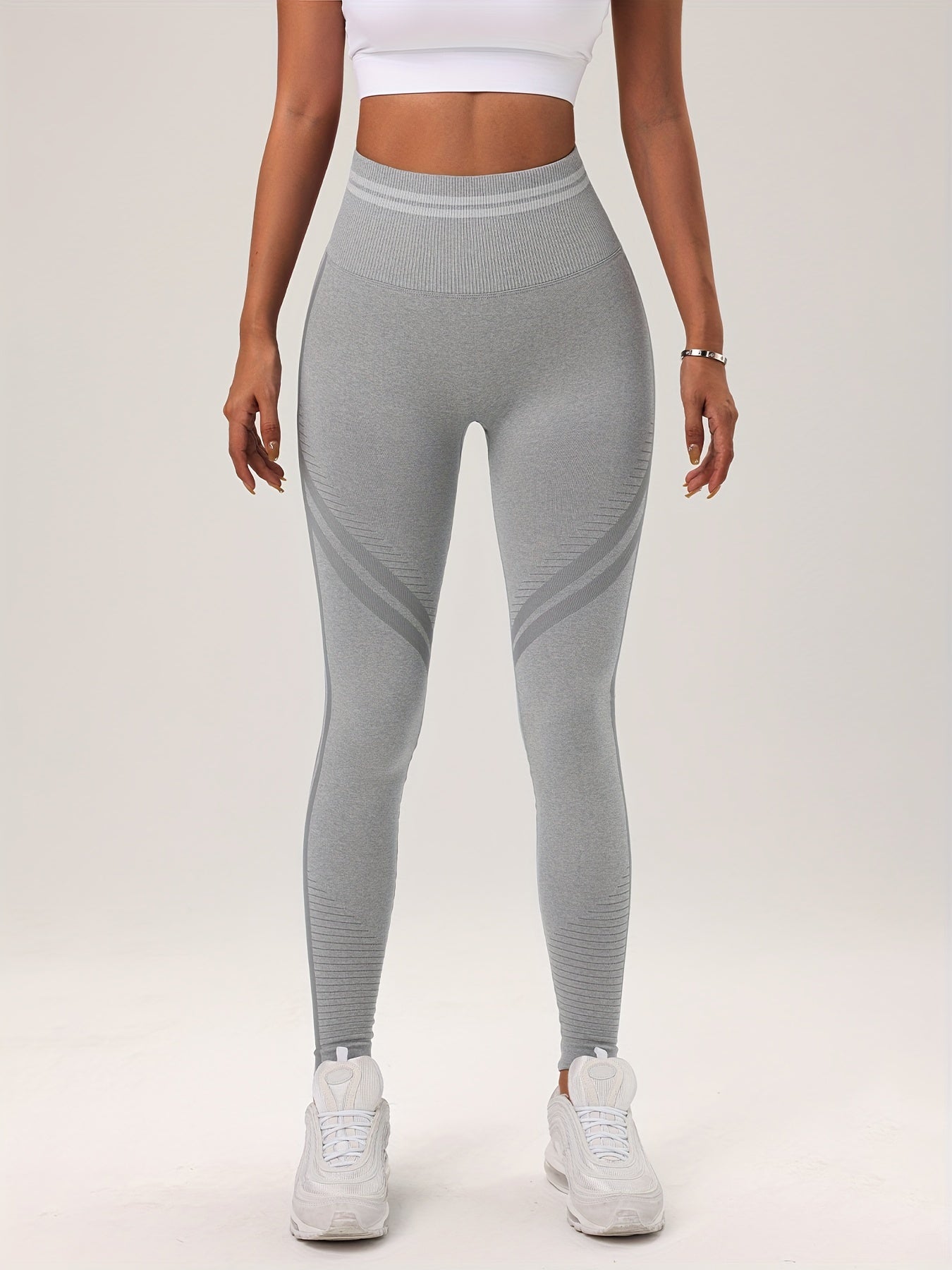 Solid Striped Waist Yoga Sports Leggings Butt Lifting Workout Pants