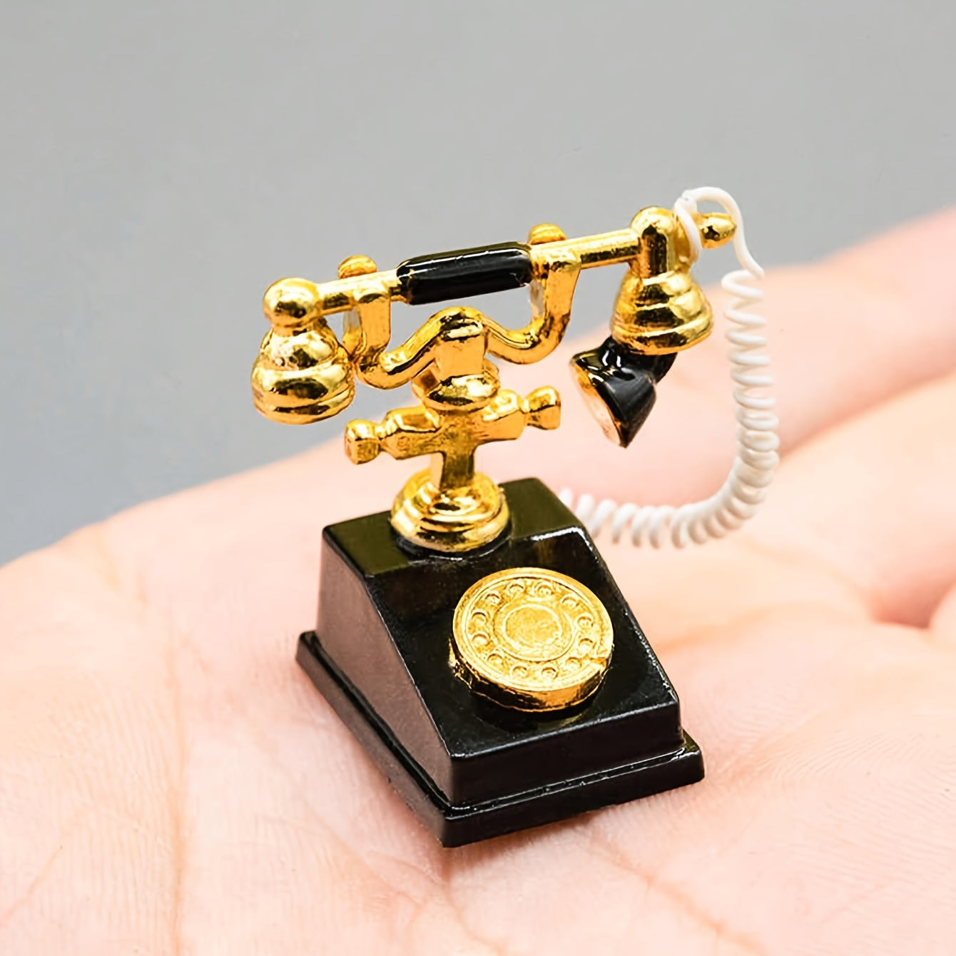 1:12 Scale Retro Metal Rotary Phone Miniatures, Pink/Red with Golden Dial & Hand