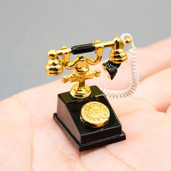 1:12 Scale Retro Metal Rotary Phone Miniatures, Pink/Red with Golden Dial & Hand