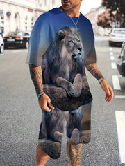 Men's Lion Pattern 3D Print T-shirt & Shorts Set for Fitness