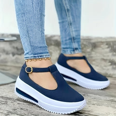 Women's T-Strap Wedge Shoes - Casual & Comfortable Platform Sneakers