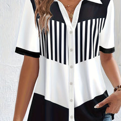 Colorblock Stripe Button Up Short Sleeve Polo Neck Blouse