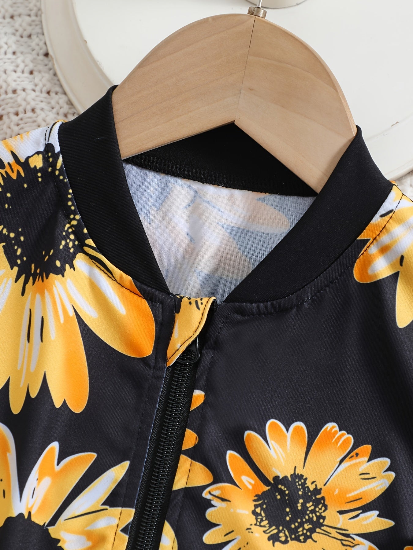 Girls 3pcs Sunflower Print Set - Cami Crop Tops, Flare Leg Pants, Zipper Jacket