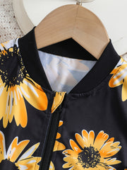 Girls 3pcs Sunflower Print Set - Cami Crop Tops, Flare Leg Pants, Zipper Jacket