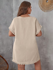 Solid Tassel Trim Batwing Sleeve V Neck Loose Dress