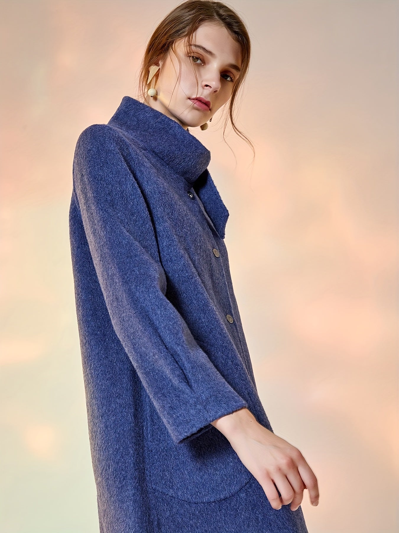 Solid Coat Casual Funnel Collar Bow Tie Outerwear Women's Clothing