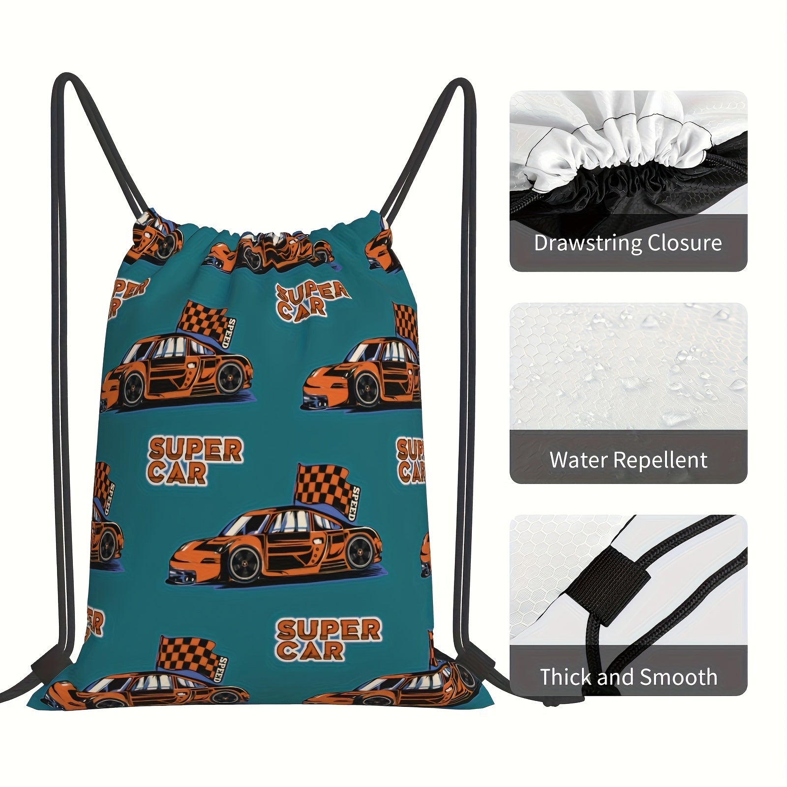 Supe Car Print Drawstring Backpack Bag Gym Sports String Cinch Bag