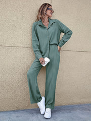 Solid Textured Two piece Set Polo Collar Long Sleeve Shirt & Elastic Waist Pants