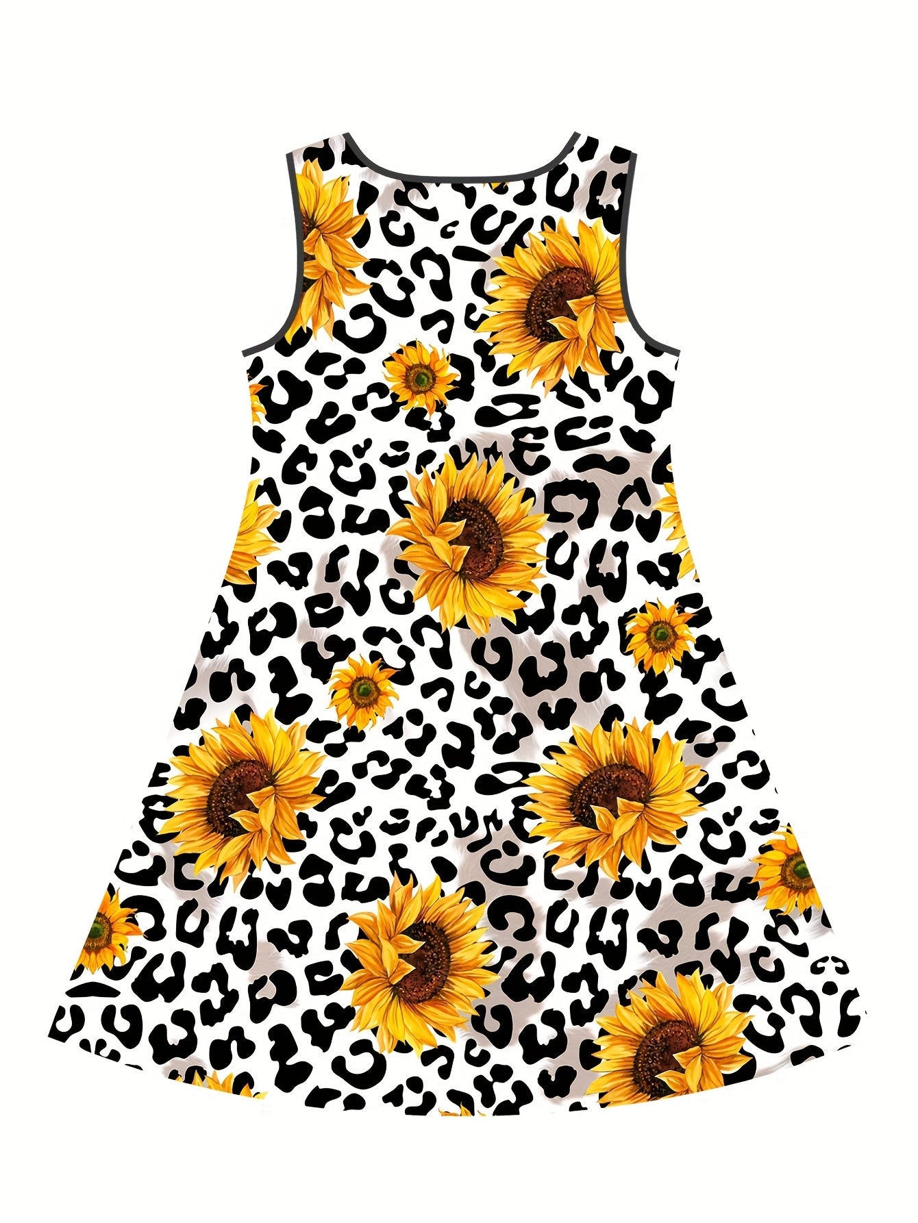 Leopard Sunflower Print Sleeveless T Shirt Dress for Girls