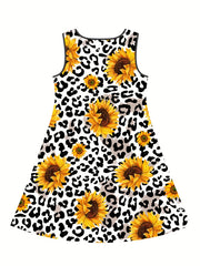 Leopard Sunflower Print Sleeveless T Shirt Dress for Girls