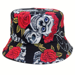 Skull Rose Flower Print Sunshade Bucket Hat for Men Women