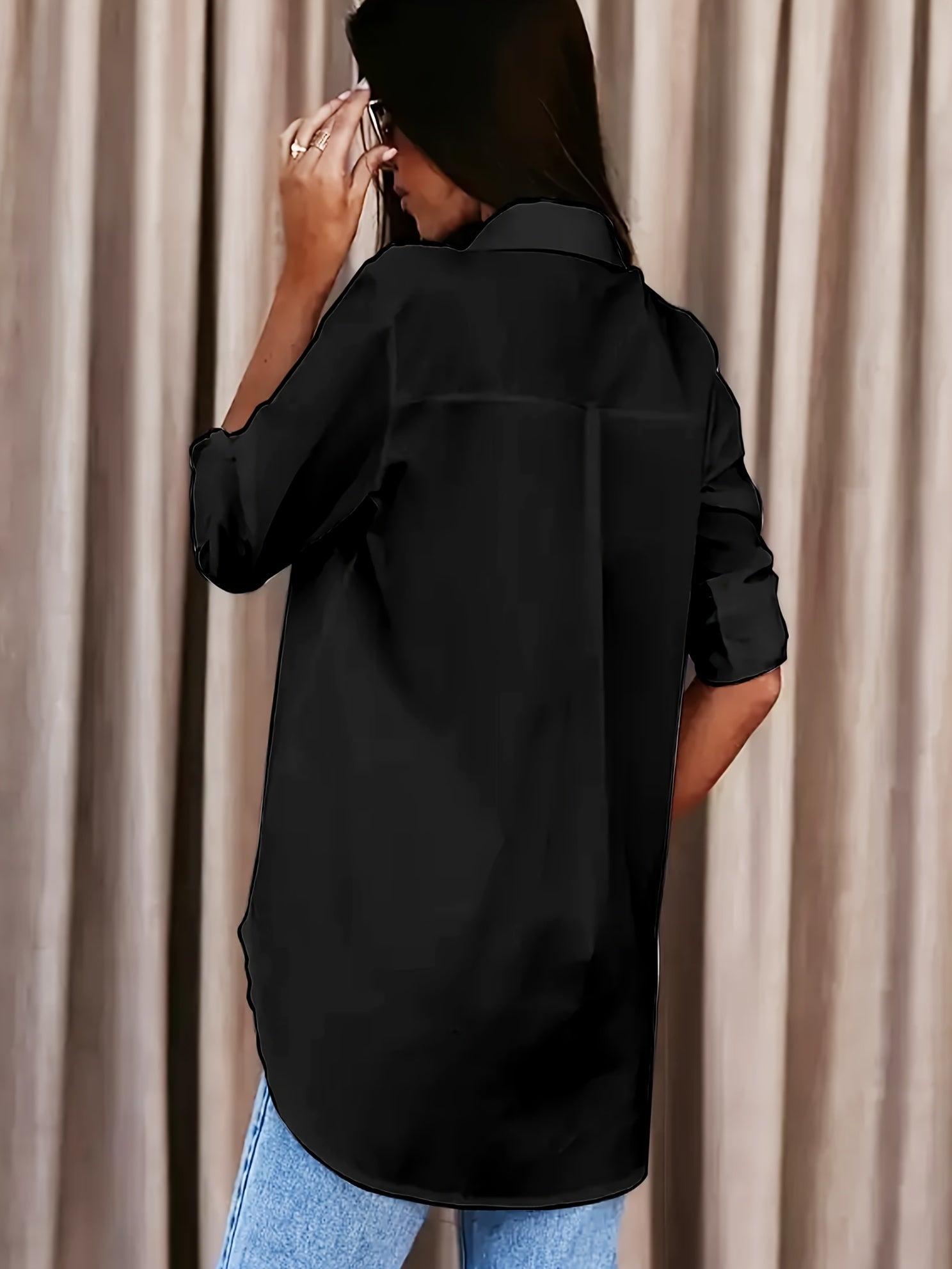 Casual Blouse Women's Plus Solid Button Up Roll Up Sleeve