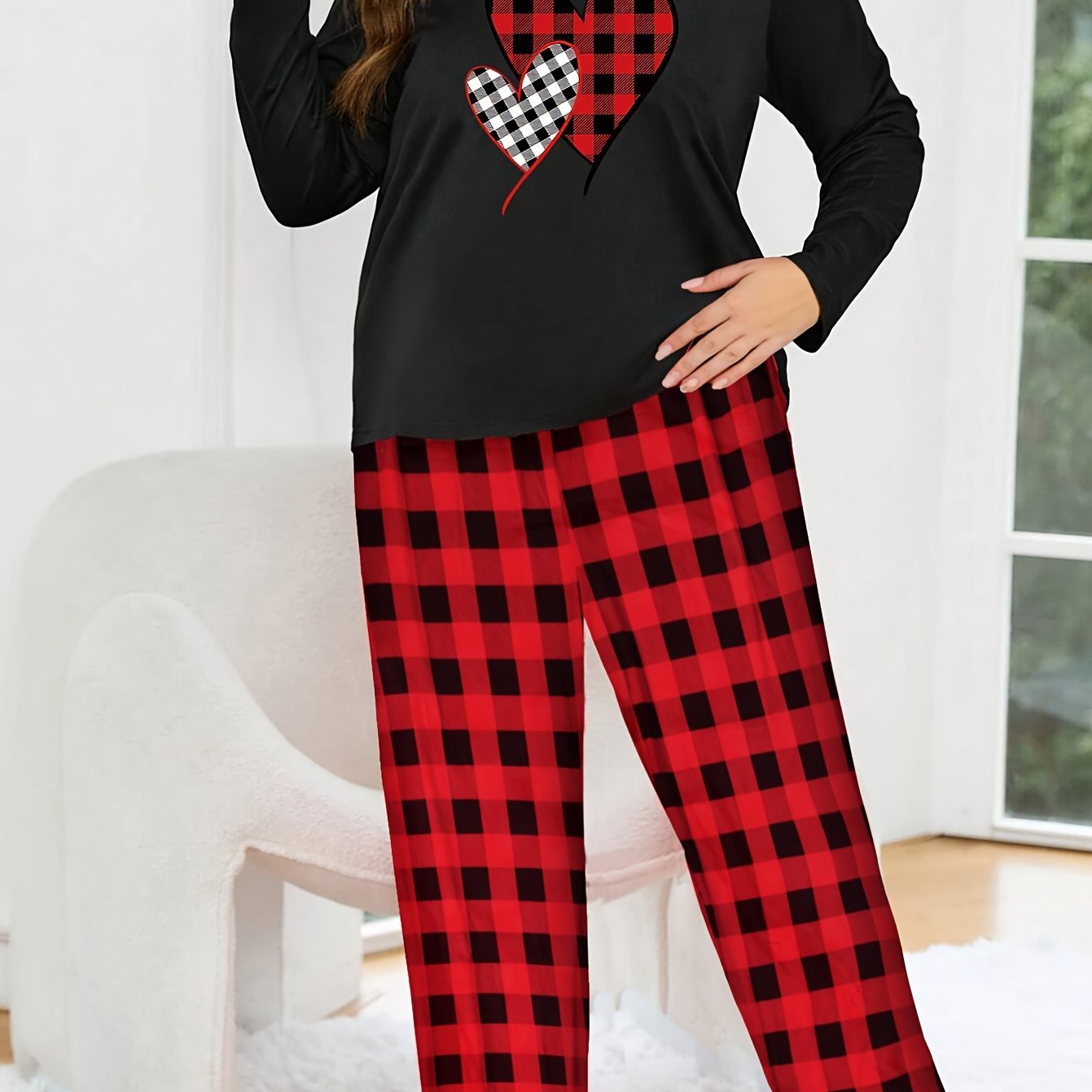 Heart Print Pajama Set Long Sleeve Top & Plaid Pant