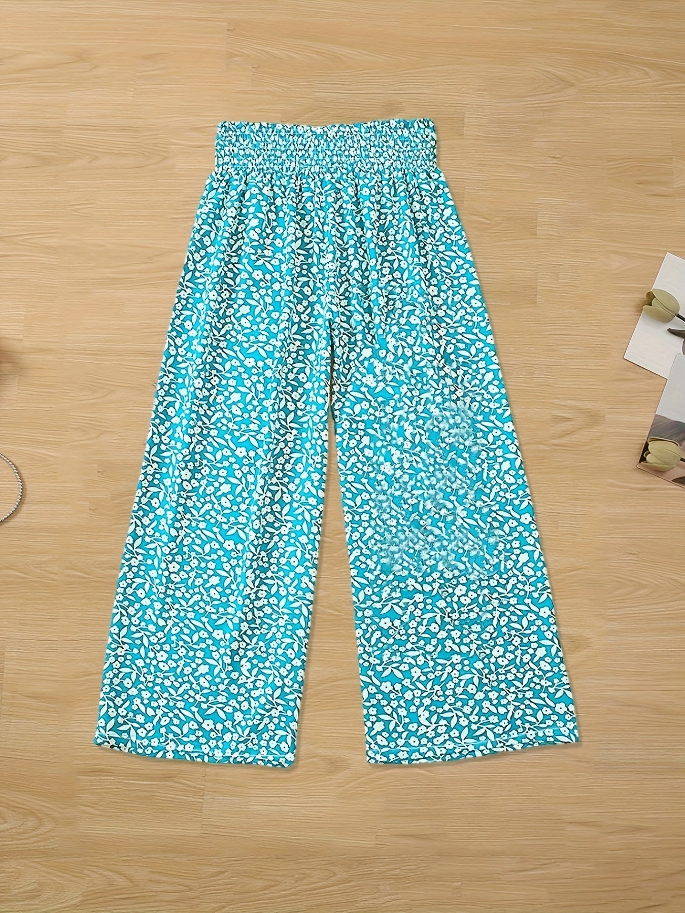 Ditsy Print Smocked Waist Wide Leg Pants for Women