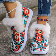 Women's Winter Flats Geometric Pattern Plush Thermal Canvas Shoes