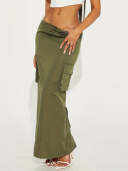 Solid Drawstring Flap Pockets Skirt, Casual Split Skirt