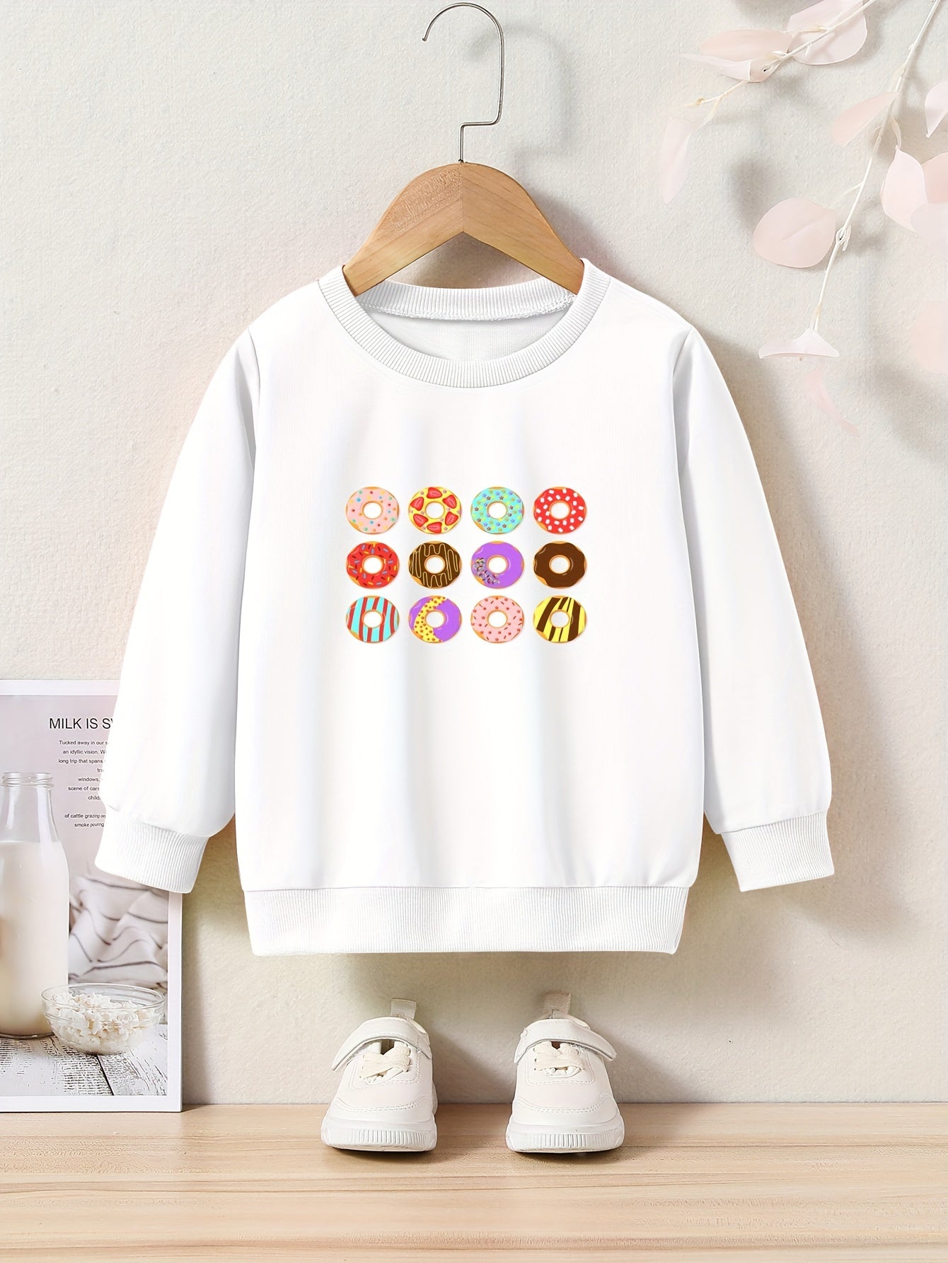 Girls Donuts Print Crew Neck Sweatshirt