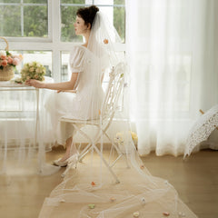 Polyester Bridal Veil with Colorful Flowers for Outdoor Wedding Theme