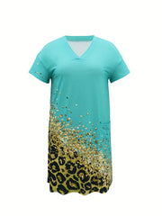 Leopard Print V-Neck Tee Dress With Pockets