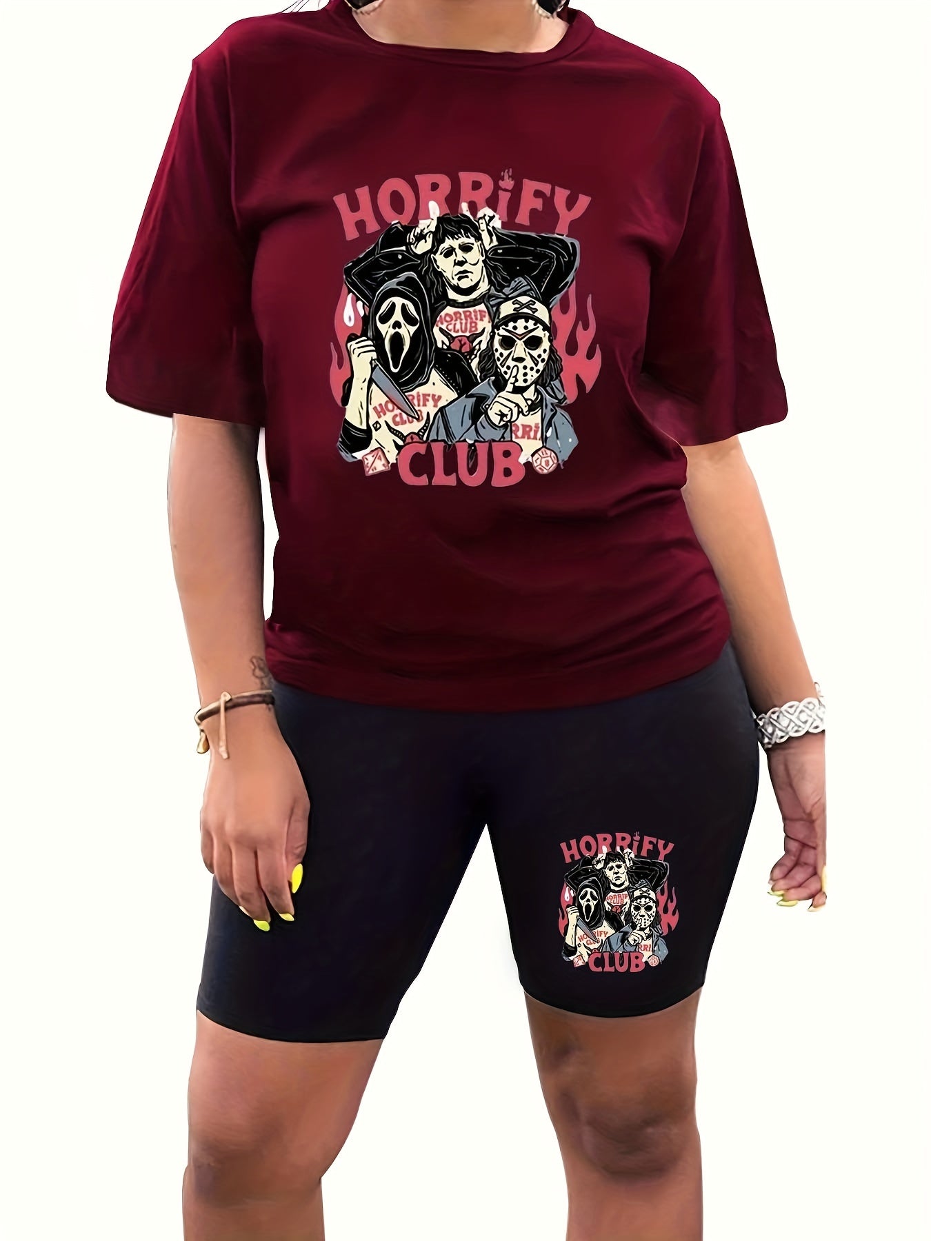 Halloween Casual Outfit - Horror Cartoon Top & Biker Shorts Set