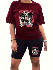 Halloween Casual Outfit - Horror Cartoon Top & Biker Shorts Set