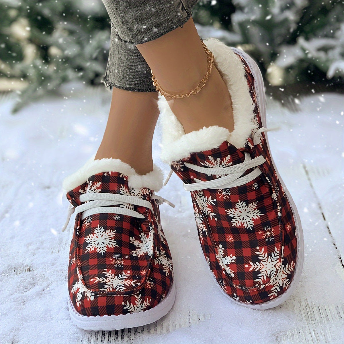Women's Snow Boots Snowflakes & Plaid Print Plush Warm Lace-up Winter Christmas