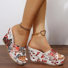 Floral Print Wedge Slippers Open Toe Sandals