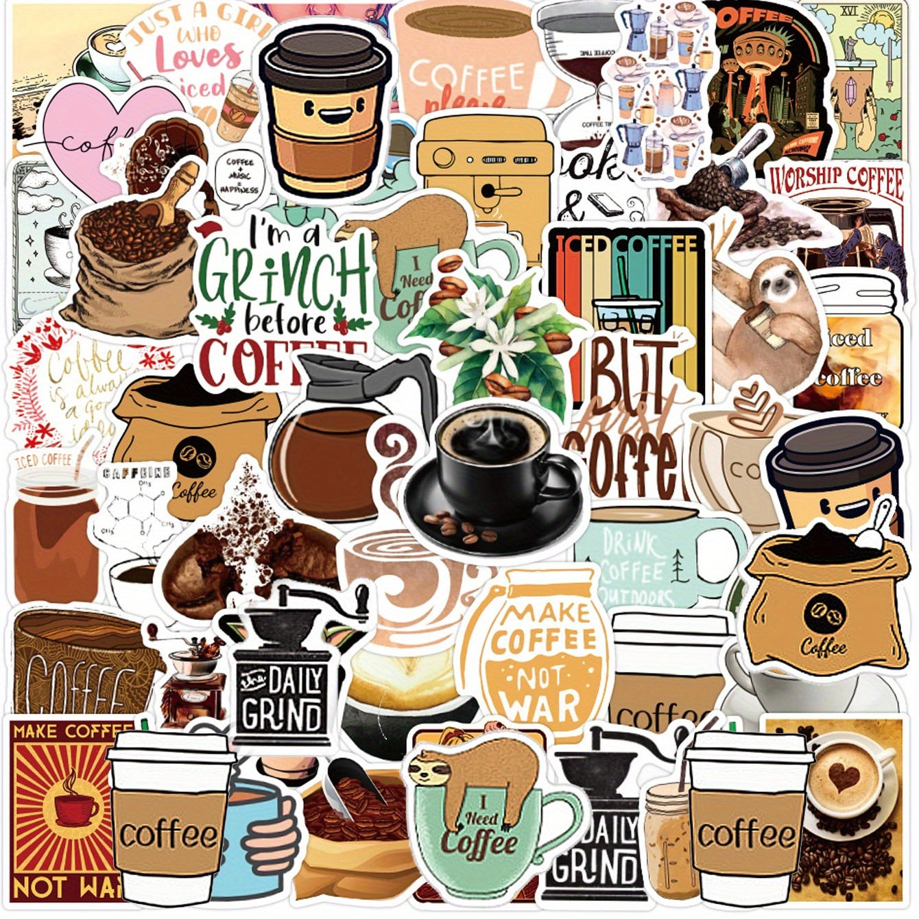 50pcs Coffee Graffiti Vinyl Waterproof Stickers for Laptop Bumper Skateboard