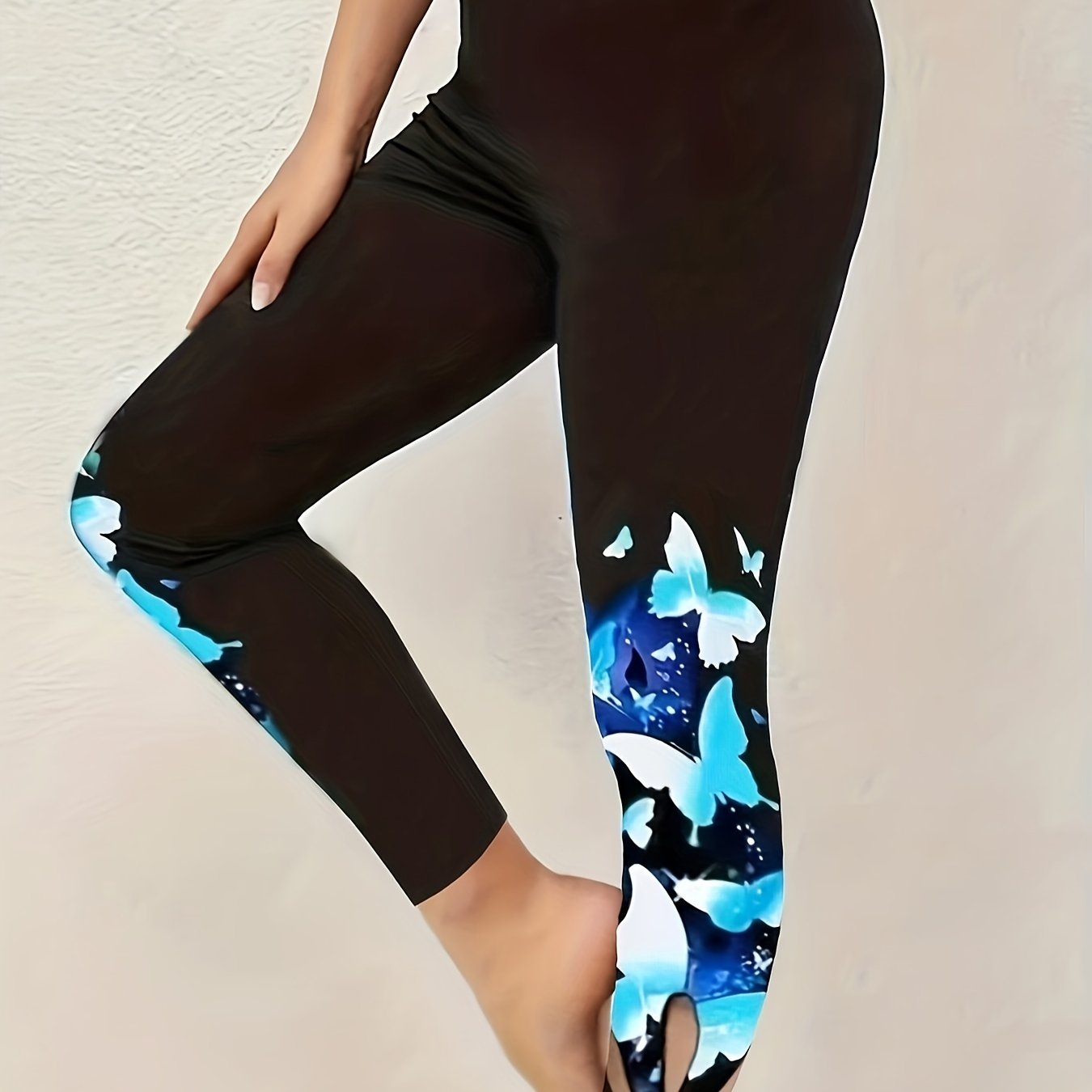 Butterfly Print Cut Out Leggings Casual High Waist Skinny Leggings